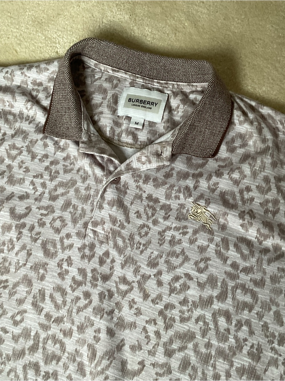 Burberry Men's Beige Grey and Brown Leopard-Print Polo